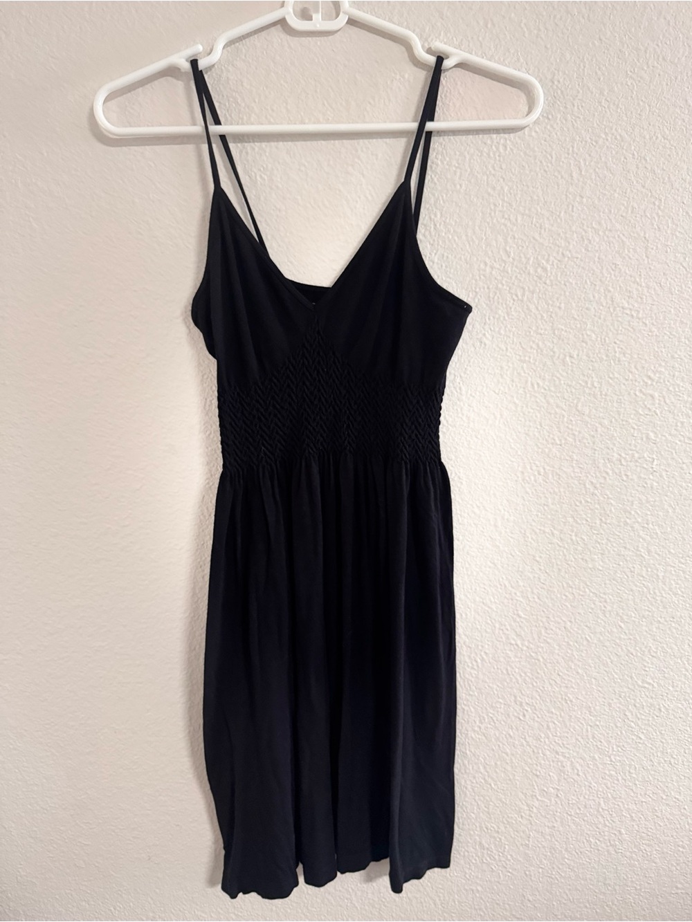 Classic Black Smocked-Waist Spaghetti Strap Dress